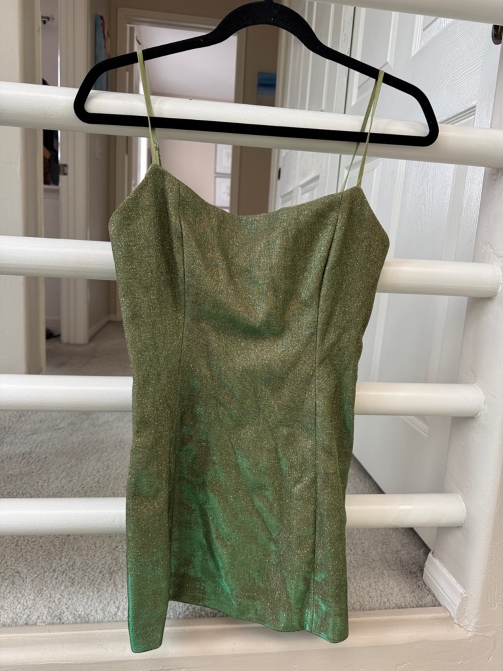Green Shimmer Slip Mini Dress with Spaghetti Straps